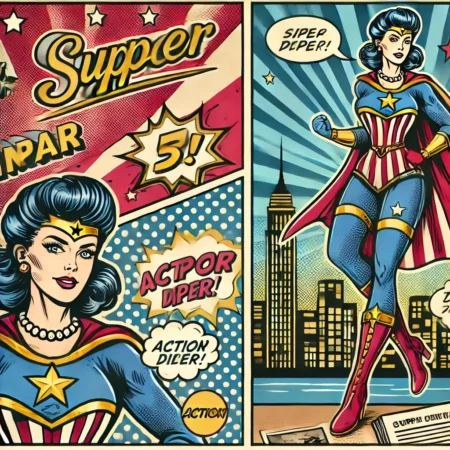 4 A comic book cover featuring a superhero in pin-up style. The superhero is a glamorous, confident female figure in a vintage-inspired costume with bol