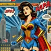 5 A comic book cover featuring a superhero in pin-up style. The superhero is a glamorous, confident female figure in a vintage-inspired costume with bol